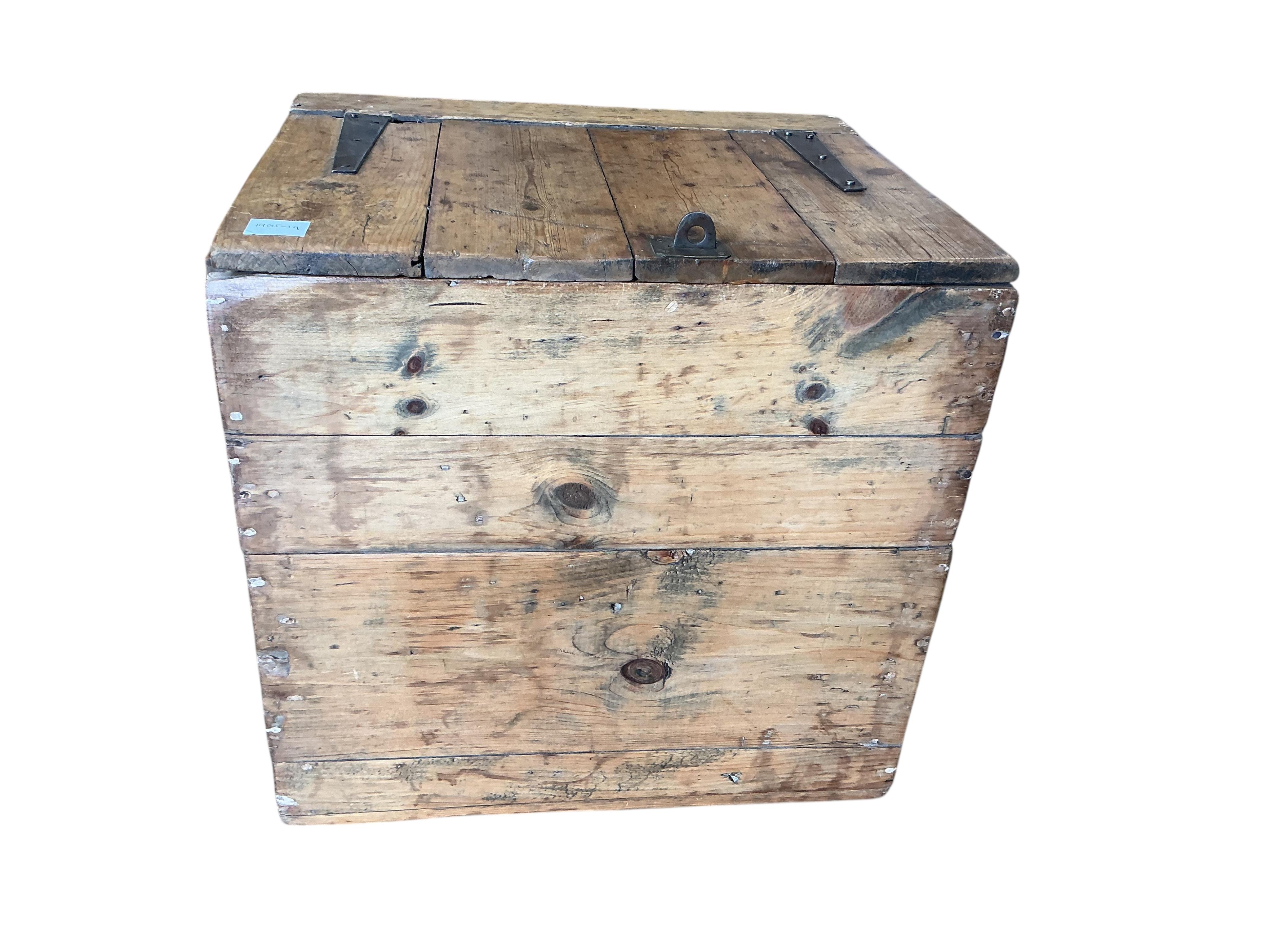 A 19th century brass and iron mounted pine trunk, width 57cm, depth 49cm, height 56cm